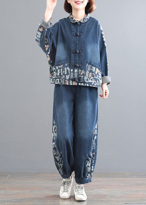 Boutique Blue Peter Pan Collar Pockets Denim Two Piece Suit Set Fall – Omychic Lantern Pants, Denim Jacket And Jeans, Blue Peter, Printed Denim Jacket, Spring Fabric, Print Coat, Linen Maxi Dress, Comfortable Room, Printed Denim