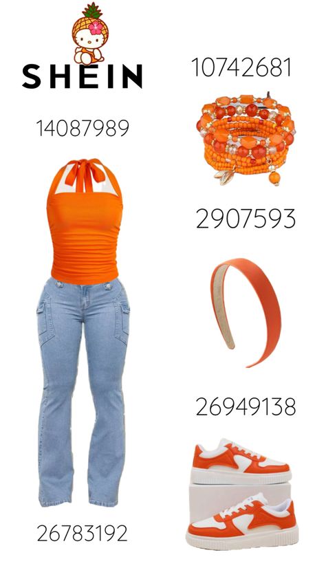 #orange #outfit #clothes #codes #sheincodes #sheinclothes #sheinoutfit #shein Shein Outfit Ideas With Code, Shein Outfit Inspo Codes, Cute Shein Outfits Codes, Shein Inspired Outfits Summer, Shein Codes Outfits, Shein Outfits Codes, Baddie Shein Outfits, Shein Lookbook, Shein Outfits Summer