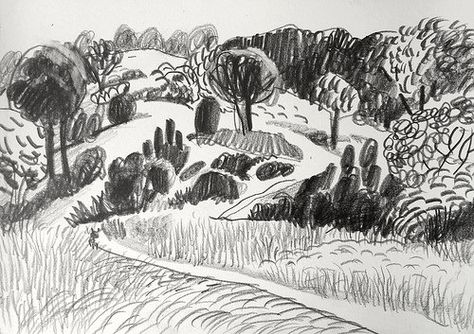 Landscape with a trail | 29.7x21 cm, pencil, paper, 2016 | Flickr Maria Zaikina, Landscape Design Drawings, Color Pencil Illustration, Art Assignments, Apocalypse Art, Landscape Sketch, Architecture Concept Drawings, Haifa, Nature Drawing