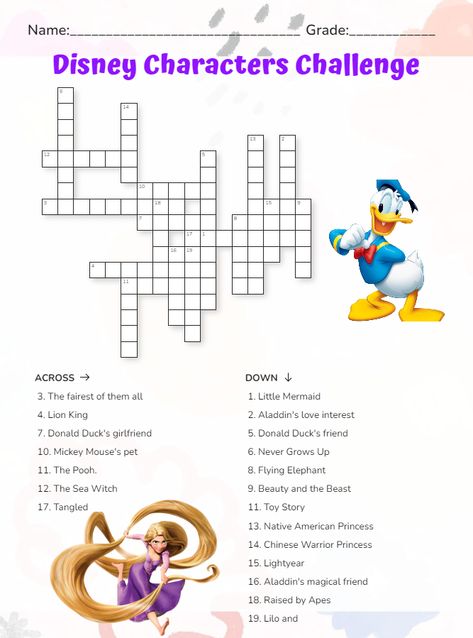 Engage in a fun and interactive crossword puzzle featuring beloved Disney characters in this challenge! #disney #disneycharacters #crossword #puzzles #disneycrosswordpuzzle #worksheets #interactive #printable #backtoschool Disney Crossword Puzzles Printable, Disney Worksheets, Letras Disney, Disney Puzzles, Disney Printables, Printable Puzzles, Crossword Puzzles, Disney Theme, Crossword Puzzle