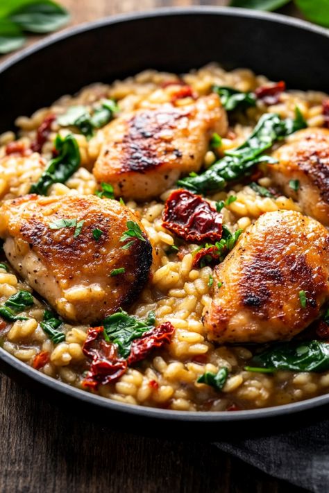 Indulge in the ultimate comfort food with this creamy and flavorful chicken risotto recipe. Made with tender chicken, Arborio rice, and a blend of savory seasonings, this dish is perfect for a cozy night in or a special dinner occasion. Whether you're cooking for your family or hosting a dinner party, this chicken risotto is sure to impress everyone at the table. Treat yourself to a luxurious dining experience without spending hours in the kitchen - try making this delicious recipe today! Meat Risotto Recipes, Chicken Risotto Crockpot, Baked Chicken Risotto, Chicken With Risotto Dinners, Rissoto Chicken Recipes, Rosoto Recipes Dinners, Short Rib Risotto Recipe, Christmas Risotto, Risotto Dinner Ideas