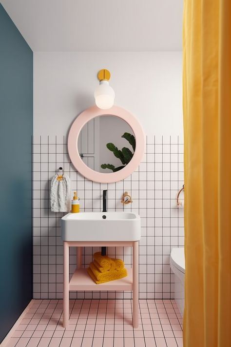 Small Sink Toilet, Avant Basic Bathroom, Small Colourful Bathroom Ideas, Light Color Bathroom, Pastel Bathroom Ideas, Bathrooms Inspiration Modern, Pastel Bathroom Decor, Bathroom Ideas Yellow, Small Colorful Bathroom