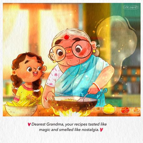 Childhood Illustration Art, Indian Family Drawing, Indian Grandma Illustration, Indian Mom Illustration, Mom Illustration Art, Grandma Illustration, Indian Cartoon, Childhood Memories Art, Grand Parents