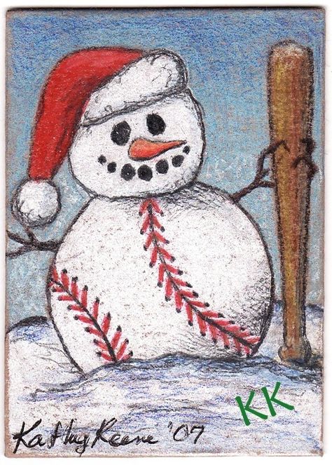 BASEBALL STUFF Baseball Snowman, Bat Drawing, Baseball Crafts, Baseball Decor, Postal Vintage, Christmas Patterns, Christmas Canvas, Baseball Season, Christmas Paintings