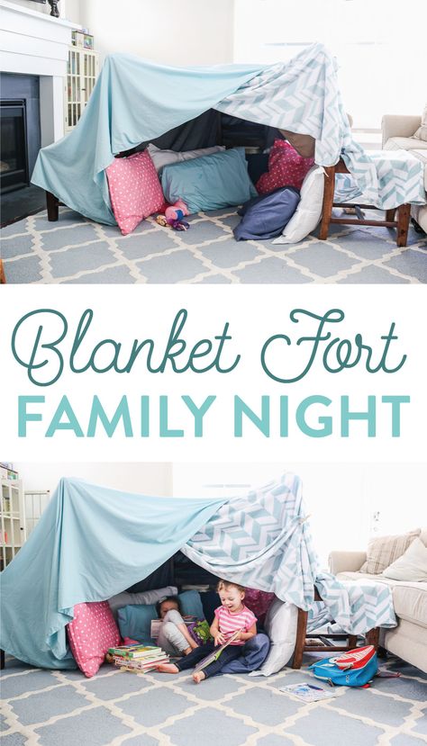 Spending time as a family doesn't have to cost a fortune. This Blanket Fort Family Night is the perfect inexpensive yet fun activity for your family. Grab some blankets, pillows, and a little imagination and get ready to build the best blanket fort ever. Blanket Fort Ideas Indoor Easy, Diy Blanket Fort, Homemade Forts, Indoor Tent For Kids, Living Room Fort, Activity Jar, Indoor Forts, Bed Fort, Cool Forts