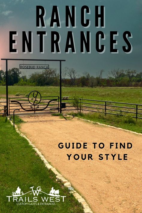 We understand the importance of a functional and visually appealing entrance for your ranch. That's why we offer three distinct collections to suit your unique style and needs. Whether you prefer the timeless charm of our Classic Collection, the grandeur of our Grand Collection, or the rustic elegance of our Ranch Collection, we have options that will exceed your expectations.  Experience the ease and quality of Trails West entrances for ranches #RanchEntrances #TrailsWestGate #CustomGates Front Entry Gates Driveways, Ranch Entryway Driveway, Ranch Driveway Entrance, Farm Entrance Ideas Driveways, Ranch Entry Gates, Ranch Gates Entrance Ideas, Ranch Signs Entrance, Gate Entrance Ideas, Farm Signs Entrance