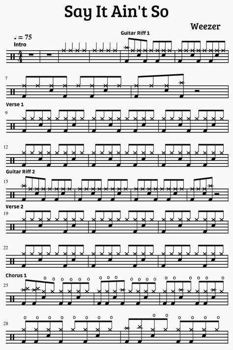 Say It Ain't So - Weezer - Drum songs sheet music - Yanick Drums Drumming Sheet Music, Drum Notes Sheet Music, Drums Music Sheet, How To Read Drum Sheet Music, Drum Sheet Music Songs, Drums Sheet Music, Easy Drum Songs, Drums Songs, Drum Music Sheet