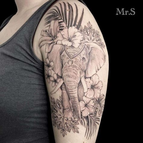 Shoulder Tattoos For Women Elephants, Shoulder Elephant Tattoo, Elephant Arm Sleeve Tattoo, Elephant And Flowers Tattoo, Elephant Tattoos Arm Half Sleeves, Safari Tattoo Sleeve Women, Word Beautiful Tattoo, Elephant And Flowers Tattoo Design, Elephant Half Sleeve Tattoos For Women