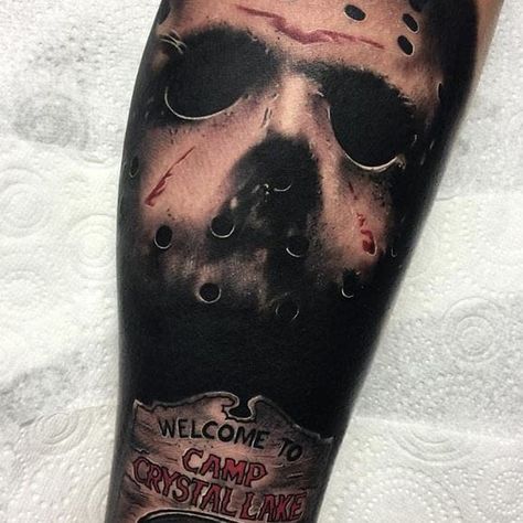 Hahaha Joker, Horror Movie Tattoos, Jason Mask, Evil Tattoos, 13 Tattoos, Movie Tattoo, Movie Tattoos, Scary Tattoos, Mask Tattoo