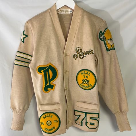 Rare Vintage 70’s Varsity Letterman Cardigan Wool Sweater Baseball Biege Size 36. Beautiful, Almost Unworn Cardigan Sweater From 1974-1975. Made By Shannon And Johnson San Francisco, Usa. A True Survivor, Nostalgic, Very Clean, Color Is Vibrant, Patches And Embroidery Are Solid, 5-Button Closure, Some Wearing Around The Edges But Super Clean And All Original. Perfect For Ballgames, Sporting Events, Parties, Swap Meets, Car Shows, Mancave, Fashion, Casual Or Display As Conversation Piece. Color Is Biege/Cream, Size Is 36 Which Believe To Be Small. View All Pics For Details And Overall Conditions. Measured Flat Approximately: Shoulder To Shoulder: 16” Pit To Pit: 18” Length: 26” Vintage Letterman Sweater, Letterman Cardigan, Letterman Sweaters, Varsity Cardigan, Varsity Sweater, Car Shows, Daily Outfit Inspiration, Boss Life, Tailored Suits