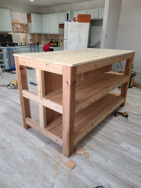 Diy Table Island Kitchen, Simple Diy Kitchen Island, Cedar Kitchen Island, Diy Kitchen Work Table, Build An Island For Kitchen, Easy Kitchen Island Diy, Diy Island Table, Diy Wood Kitchen Island, 1911 Kitchen