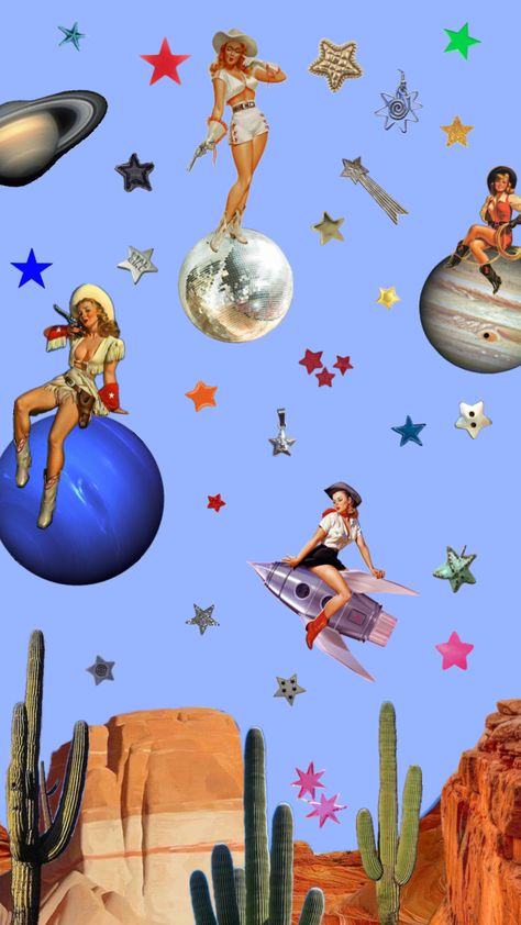 #space #spacecowgirl #cowboys #star #planet #magazine #newspaper #pinup Cowgirls And Aliens Party, Space Cowboy Party Ideas, Space Cowgirl Wallpaper, Space Cowboy Illustration, Space Rodeo Party, Disco Cowboy Aesthetic, Space Cowboy Party Decorations, Cowboys And Aliens Party, Cowboy Wallpaper Aesthetic