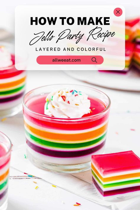 Layered & Colorful Jello Party Recipe 🌈✨  Create this Fun and Colorful Jello Dessert perfect for any celebration! This Layered Jello is a Festive Jello Recipe that's easy to make and sure to impress. Try this Rainbow Jello for your next party, with Non-Alcoholic Jello Shots for a playful twist!  ✨ Save this Pin for your next Party Jello Idea!  #LayeredJello #ColorfulJello #JelloPartyRecipe #FunJelloDesserts #EasyJelloRecipe #LayeredJelloDessert #PartyJelloIdeas #RainbowJello #Jello Layered Jello Dessert, Jello Dishes, Jello Ideas, Jello Ice Cream, Jello Cake Recipes, Vanilla Jello, Jello Mold Recipes, Rainbow Jello, Jello Recipe