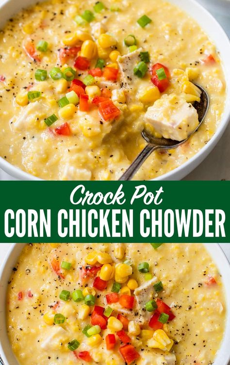 This healthy corn chicken chowder recipe in the slow cooker uses Greek yogurt to be extra creamy. It's quick, easy prep for a filling meal! Healthy Chicken Corn Chowder, Chicken Corn Chowder Crock Pot, Dairy Free Crockpot Recipes, Crockpot Chowder, Corn Chicken Chowder, Crockpot Chicken Corn Chowder, Slow Cooker Chicken Corn Chowder, Slow Cooker Recipes Chicken, Easy Corn Recipes