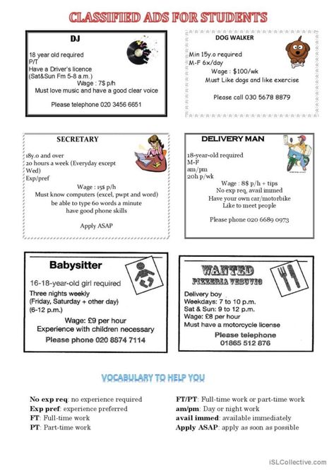 For this worksheet, students had to act as if they were a radio presenter. They first had to decipher and then reconstitute the small ads from their abbreviations. They had to reuse the vocabulary seen in class, as well as that in the toolbox. The presentation had to be fluent. Radio Presenter, Act As If, Comprehension Worksheets, Reading Comprehension Worksheets, Esl Worksheets, Classified Ads, Reading Comprehension, Special Education, Vocabulary