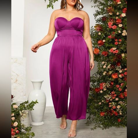 Silk-Like Jumpsuit In A Beautiful Jewel-Tone Color. Perfect For Holiday Parties Coming Up! Would Pair This With A Cute Jacket And Heels For The Winter And Can Also Use In The Summer With Sandals. Never Worn! Purple Jumpsuit, Tube Jumpsuit, Jewel Tone Colors, Purple Party, Plus Size Jumpsuit, Cute Jackets, Wedding Formal, Moda Plus, Cabaret