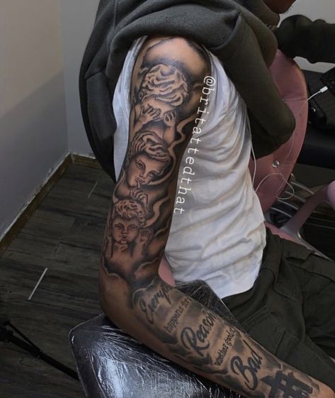 Outer Arm Sleeve Tattoo Men, Inside Bicep Tattoo Men Half Sleeves, Outside Bicep Tattoo, Clock Sleeve Tattoos For Guys, Outside Bicep Tattoo Men, Outter Arm Tattoo Men Forearm, Outter Arm Tattoo Men Sleeve, Black Men Arm Tattoos Sleeve, Upper Forearm Tattoo