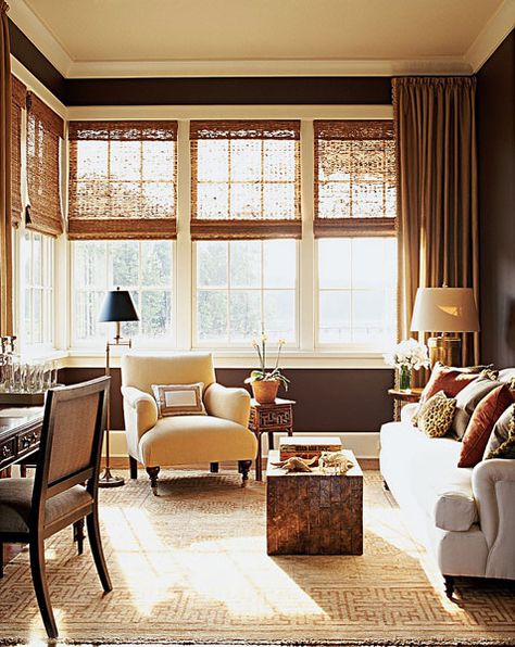 Elaine Griffin- would make the perfect entry parlor Curtains Corner Window, Dark Study, Woven Wood Shades, Wood Window, House Blinds, Corner Window, Bamboo Shades, Woven Wood, Wood Blinds