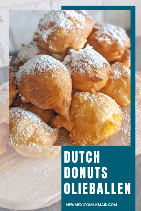 Oliebollen a Dutch homemade donut. A donut made with apples and topped with powdered sugar. - Join in on this Dutch Tradition. #homeadedonuts #dutchdonuts | breakfast recipes | apple donuts | Dutch Apple Fritters, Dutch Recipes Traditional, Traditional Dutch Recipes, Spelt Bread Recipe, Homemade Donut, Netherlands Food, Dutch Cuisine, Buttery Rolls, Dairy Farming