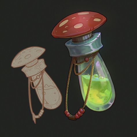 Potion Bottles Drawing, Mushroom Potion, Bottle Drawing, Props Concept, Magic Bottles, 2d Game Art, Props Art, Fantasy Props, Game Props