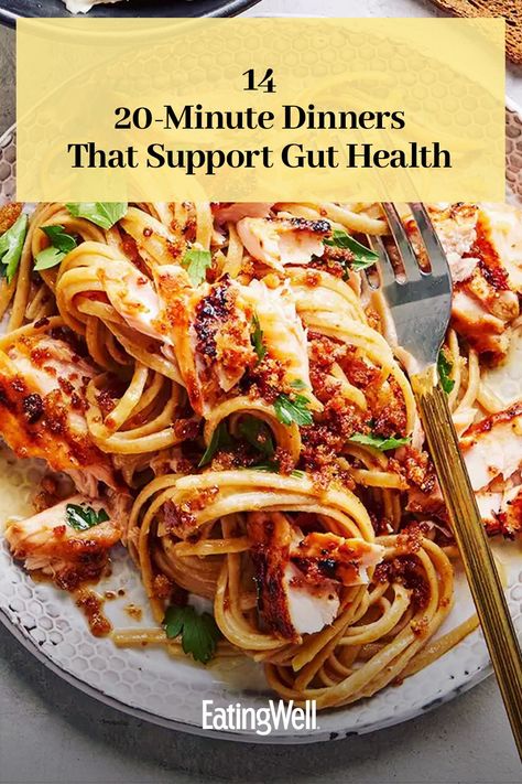 All it takes is 20 minutes or less to make one of these easy, fast gut healthy dinner recipes. High fiber recipes like our Bean & Veggie Taco Bowl and Walnut-Rosemary Crusted Salmon are healthy and delicious choices that will help keep you feeling good. and help your digestion  #dinner#dinnerideas#supperideas#dinnerrecipes#healthydinnerideas#healthydinnerrecipes#healthyrecipes Foods For Easy Digestion, Meals For Digestive Health, Dinners Good For Gut Health, Easy Healthy Hearty Meals, Gentle Foods For Stomach, Dinner Recipes For Gut Health, Meals For A Healthy Gut, Healthy Yummy Meal Prep, Gut Healthy Meals Easy