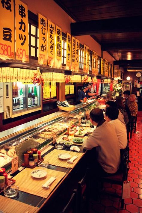 Sushi restaurant in Japan. Japanese Restaurant Interior, Japanese Restaurant Design, Japanese Bar, Ramen Bar, Ramen Restaurant, Design Japonais, Design Restaurant, Japanese Ramen, Asian Restaurants