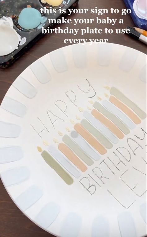 Boy Birthday Plate Ideas, Happy Birthday Plate Diy, Pottery Painting Ideas Birthday Plate, Birthday Plate Design, Color Me Mine Birthday Plate, Birthday Plates Ceramic Diy Boy, Birthday Plate Ideas Ceramic, Baby Birthday Plate Diy, Birthday Plate Boy