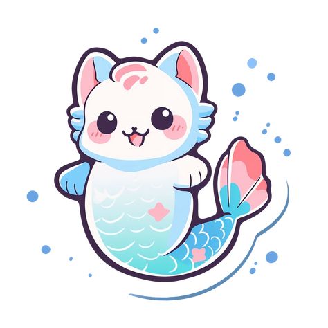 Pink and Blue Cute Kawaii Cat Mermaid Sticker Cat Mermaid, Kawaii Cats, Kitten Wallpaper, Baby Animal Drawings, Mermaid Sticker, Whimsical Artwork, Blue Cute, Cute Animal Drawings Kawaii, Cute Mermaid