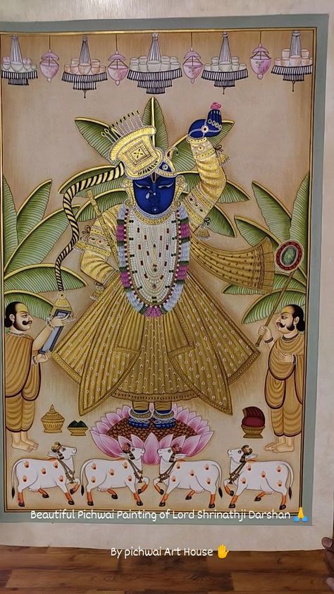 Pichwai Painting of Lord Shrinathji Darshan 🙏🙏 They are typically hung behind the idol of Shrinathji, a local form of Krishna and the… | Instagram Srinath Ji Pichwai Painting, Srinath Ji Painting, Shrinathji Paintings On Canvas, Pichwai Shrinathji Painting, Pichwai Wall Art, Shreenathji Painting On Canvas, Pichwai Paintings Krishna, Pichwai Decor, Shrinathji Pichwai Paintings