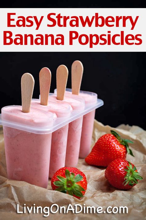 Strawberry Banana Popsicles, Banana Popsicle Recipes, Homemade Popsicle Recipes, Popsicle Recipe For Kids, Fudgesicle Recipe, Fruit Popsicle Recipes, Homemade Fruit Popsicles, Strawberry Recipes Easy, Hemgjord Glass