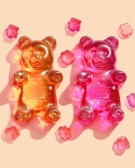 Gummy Bear Watercolor, Gummy Bears Art, Gummies Aesthetic, Pink Gummy Bears, Pink Aesthetic Decor, Gummy Bear Art, Birthday Ads, Bears Art, Vibrant Food