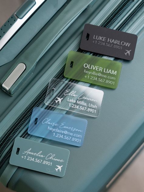 "This listing is for one engraved acrylic luggage tag which is sure to make your bag stand out in a crowd. These personalized bag tags make the perfect gift for the traveler, the newlyweds, or the recent graduate. Hoping to order these as wedding favors or gifts for your wedding party? Send us a message for a custom order. + D E T A I L S + + material: acrylic + finish: glossy (with the exception of the matte and frosted colors) + approximate measurements: 3\" x 1.5\" + thickness: 1/8\" Please n Customized Luggage Tags, Bag Tag Design Ideas, Acrylic Luggage Tags Diy, Luggage Tag Design Ideas, Cricut Luggage Tags, Diy Luggage Tag, Bag Tag Design, Luggage Tags Printable, Luggage Tag Design