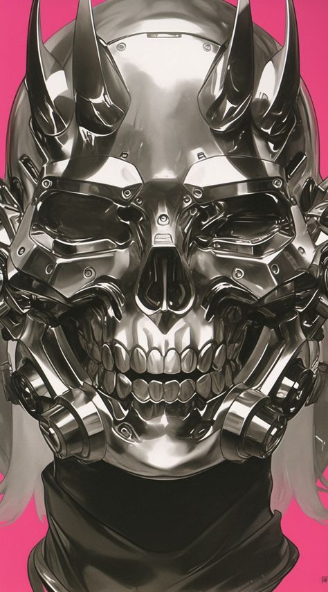 Chrome Skull, Retro Gaming Art, Oni Mask, Gundam Wallpapers, Sleeves Ideas, Skull Wallpaper, Alphonse Mucha, Robots Concept, Pink Themes