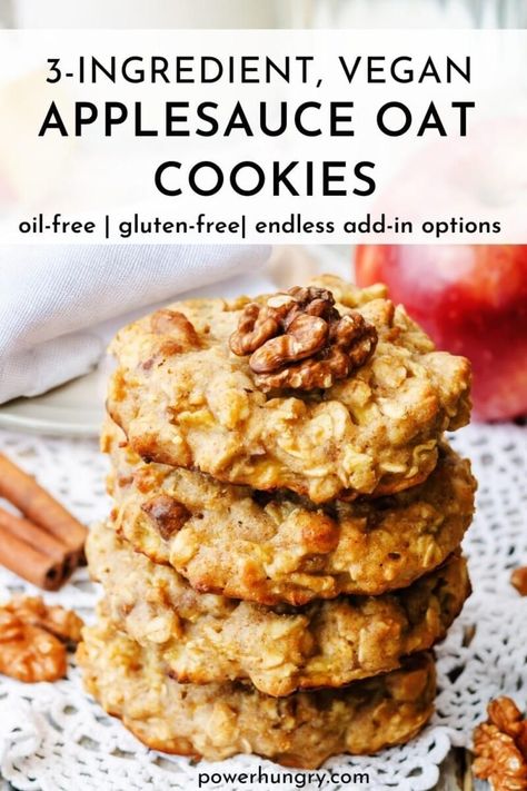 3-Ingredient vegan applesauce oat cookies are oil-free, gluten-free & endlessly variable! Enjoy them for breakfast, snack-time, or dessert. #applesauce #wfpb #wfpbno #oilfreecookies #3ingredients #oats #3ingredientrecipe #3ingredientcookies #wfpbnobaking #oilfreevegan #plantbased #cleaneating #cleaneats #applesaucecookies #oatcookies #wfpbnorecipe #wfpbbaking #wfpbnocookies #wfpbfamily #wfpbrecipes #breakfastcookie #toddlercookie Vegan Oat Balls, Oat Flour Applesauce Bread, Gf Df Oatmeal Cookies, Vegan Healthy Oatmeal Cookies, Low Histamine Oatmeal Cookies, Vegan Oatmeal Breakfast Cookies, Healthy Cookies Vegan, Vegan Oil Free Cookies, Oatmeal Patties Vegan