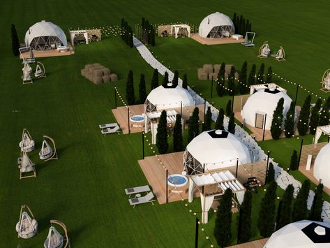 Glamping Resort Layout, Glamping Layout, Dome Resort, Tent Resort, Tent Luxury, Dome Glamping, Geodesic Tent, Resort Design Plan, Dome Homes