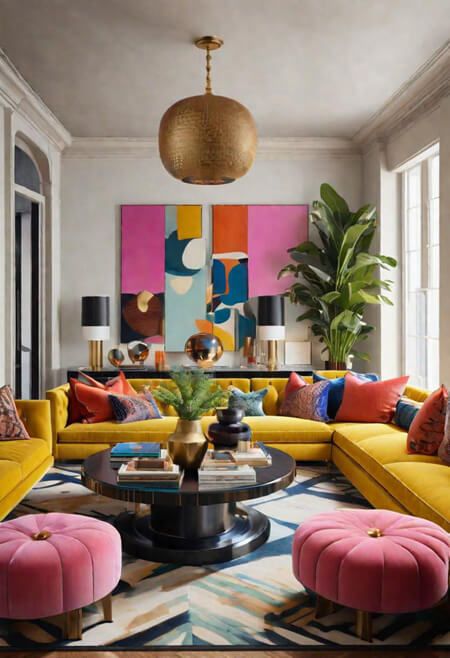 How to decorate with many colors. eclectic maximalism.  Colorful eclectic home. Colorful interiors. Colorful rugs. Colorful home decor. Colorful houses interior. Colorful room decor. Colorful room ideas. colorful living room. yellow sofa. pink ottoman. colorful art. blue. orange. Living Room Ideas With Two Sofas, Energetic Living Room, Sophisticated Colorful Living Room, Yellow Sofa Interior, Pink Scandinavian Living Room, Bright Funky Living Room, Colorblock Living Room, Mid Century Modern Living Room Colorful, Living Room With Yellow Sofa