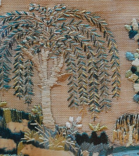 From antique Elizabeth Justice Sampler Willow Tree Embroidery, Willow Embroidery, Embroidery Trees, Embroidered Trees, Tree Embroidery Design, Tree Embroidery, Fabric Embellishment, Weeping Willow, Tree Quilt