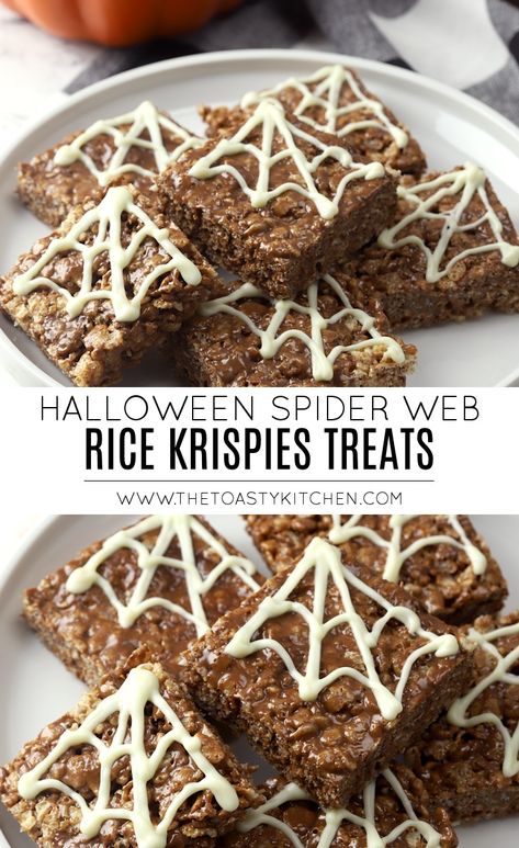 Halloween Rice Krispies Treats by The Toasty Kitchen #halloween #spiderweb #spider #ricekrispiestreats #ricekrispies #nobake #dessert #recipe #chocolate Halloween Rice Krispie Treats Ideas, Rice Krispie Treats Ideas, Chocolate Spider Web, Chocolate Rice Krispies Treats, Spice Desserts, Halloween Rice Krispies, Halloween Dessert Table, Halloween Rice Krispie Treats, Chocolate Rice Krispies