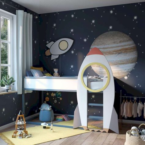 Elevate your kids' bedroom with these innovative ideas that combine style and functionality. Learn how to design a space that sparks their imagination. Don't miss our Amazon affiliate link for amazing decor choices. Your purchase helps us encourage more. Kids Bedroom Space Theme, Space Bedroom Boys, Space Room For Boys, Kids Room Space Theme, Space Kids Bedroom, Boys Space Room, Boys Space Bedroom, Outer Space Bedroom, Space Bed