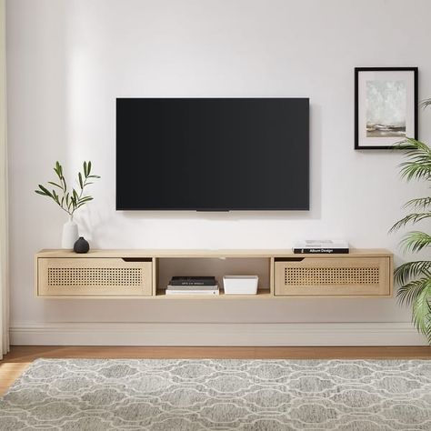 Middlebrook Scandi 70-inch Faux Rattan-Door Floating TV Stand - On Sale - Bed Bath & Beyond - 38078333 Farmhouse Floating Tv Stand, Floating Tv Stand Decor, Tv Console Shelf, Floating Shelves Living Room Mounted Tv, Floating Tv Stand Ideas, Tv Floating Shelves Ideas Tv Walls, Floating Shelf Tv Stand, Mounted Tv Ideas Living Rooms, Wall Mount Tv Shelf