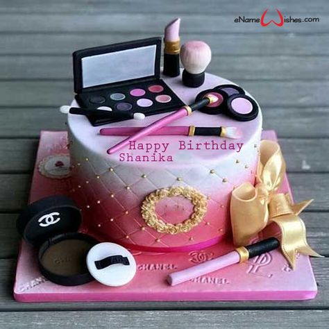 Lovely Chanel Birthday Name Cake - eNameWishes Torturi Baby Shower, Birthday Cakes Girls Kids, Makeup Birthday Cakes, Write Name On Cake, Birthday Cake Write Name, Makeup Cake, Birthday Cake Writing, Butterfly Birthday Cakes, Drag Make-up