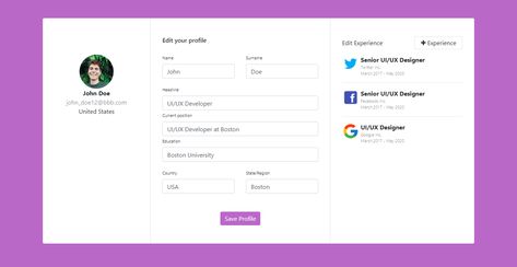 Bootstrap 4 Edit job profile form with add experience snippet for your project 📌📌. this snippet is created using HTML, CSS, Bootstrap 4, Javascript Ui Design Dashboard, Css Grid, Ui Ux Designer, Html Css, Edit Profile, Ui Design, Icon Design, Boston, Education