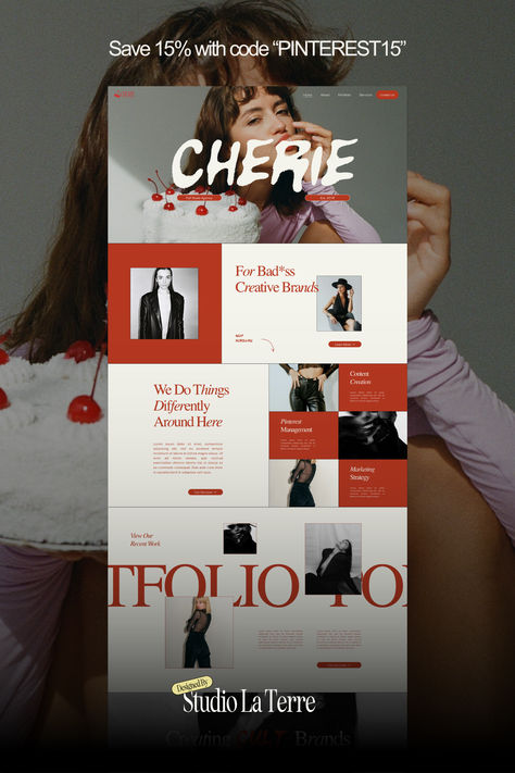 The Cherie Squarespace template is perfect for brand strategists, social media managers, and content creation agencies that need a responsive website template design! This high-converting layout is complemented by a blend of bold colors, modern typography, and a seamless user experience. Plug in your own logo, images, and service offerings to this website template layout to launch. Designed by Studio La Terre. Red Website Design Inspiration, Indie Website Design, Modern Website Design Creative, Tattoo Website Design, Lifestyle Website Design, Creative Studio Branding, Red Web Design, Dark Website Design, Bold Web Design