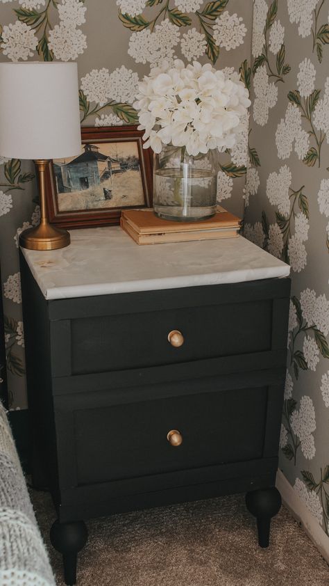 Side Table Nightstand, Wooden Nightstand Makeover, Marble Top Bedroom Furniture, Marble Top Nightstand Makeover, Top Of Nightstand Decor, Restore Nightstand Diy, Diy Vintage Nightstand, Brass Bedside Table, Ikea Side Table Makeover