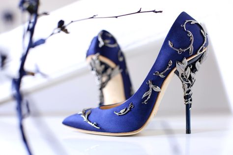 Ralph & Russo - Haute Couture Collection SHOES - STYLE 12-EDEN PUMPS-COBALT SATIN WITH GUNMETAL LEAVES Ralph And Russo Shoes, Dr Shoes, Ralph Russo, Azzedine Alaia, Ralph And Russo, Fancy Shoes, Gorgeous Shoes, Fabulous Shoes, Dream Shoes