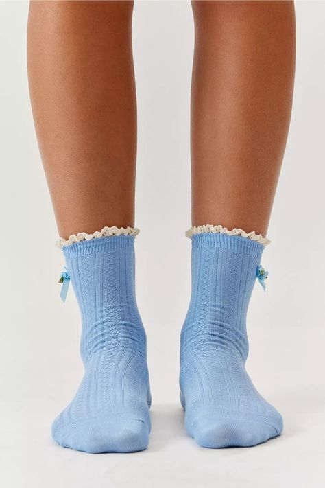 Rosette Pointelle Crew Sock | Urban Outfitters Sheer Socks Outfit, Coquette Socks, Lace Ruffle Socks, Blue Stockings, Ruffle Socks, Black Velvet Bow, Ruffled Socks, Sheer Socks, Sock Outfits