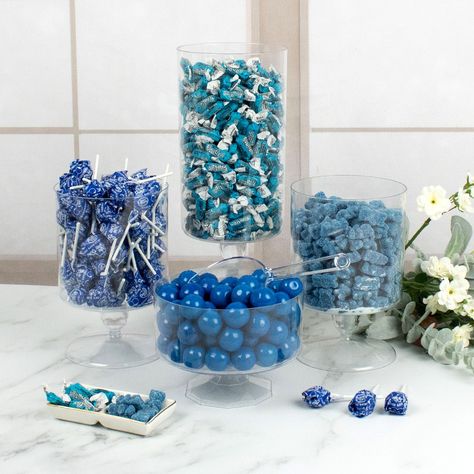 Our value sized candy buffet is the sweetest addition your celebration! These candies are a perfect addition to your Wedding, Bridal Shower, Baby Shower, Birthday, or Corporate trade show event. When you need a lot of pink candy all at once, we've got you covered! Candy orders ship with cool pack packaging as needed. Baby Shower Buffet Table, Blue Candy Table, Blue Candy Bars, Candy Buffet Containers, Baby Shower Candy Table, Blue Candy Buffet, Personalized Candy Wrappers, Winter Baby Shower Themes, Baby Shower Snacks