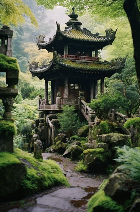 A picturesque Chinese structure accompanied by a small path, set against lush scenery in green and brown hues. The cabincore aesthetic, soft-focus technique, and influences of neo-academism create a tranquil and historically-inspired tableau. Asian Landscape, Asian Architecture, Asian Garden, Dreamy Artwork, Japanese Landscape, Chinese Architecture, Beautiful Locations Nature, Japanese Architecture, Japanese Aesthetic