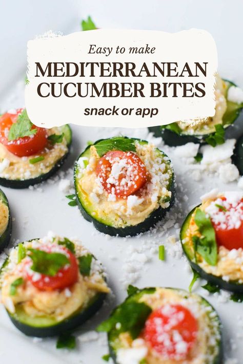 Cherry Tomato Feta, Cucumber Bites Appetizers, Mediterranean Cucumber, Feta Crumbles, Mediterranean Hummus, Hummus Appetizers, Tomato Appetizers, Cucumber Snacks, Cucumber Appetizers