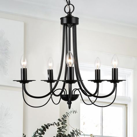 The chandelier's iron arms extend confidently from a sphere and are topped with traditional candles sticks. 5-Light candle base with double bracket design, makes the chandelier light more solid and simple with the jet-black finish. Modern Black Chandelier, Modern Black Chandeliers, Candlestick Chandelier, French Country Chandelier, Country Chandelier, Farmhouse Chandeliers, Classic Chandelier, Chandelier Modern, Island Pendant Lights